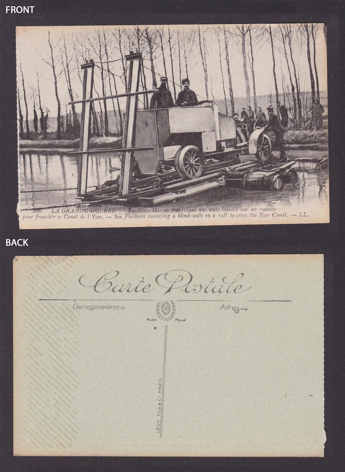 FRANCE, Vintage postcard, Sea Fusileers conveying a blind-auto on a raft, WWI