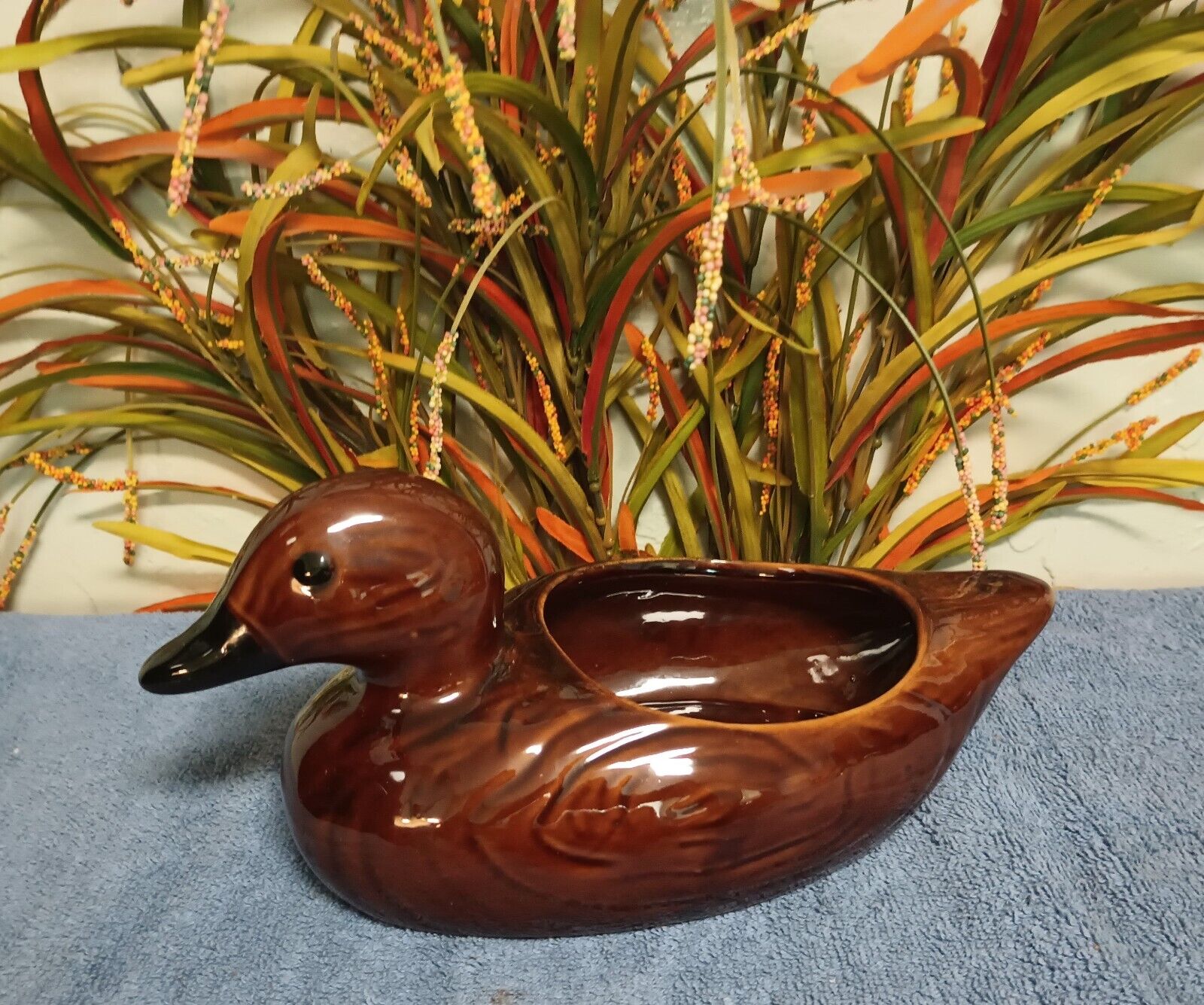 Vintage Brown Glazed Ceramic Duck Shaped Planter Pot