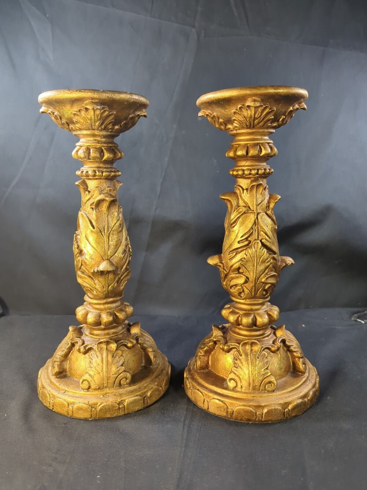Pair 10” Column Pedestal bolster large Candle Pillar Holder Harvest Gold ornate