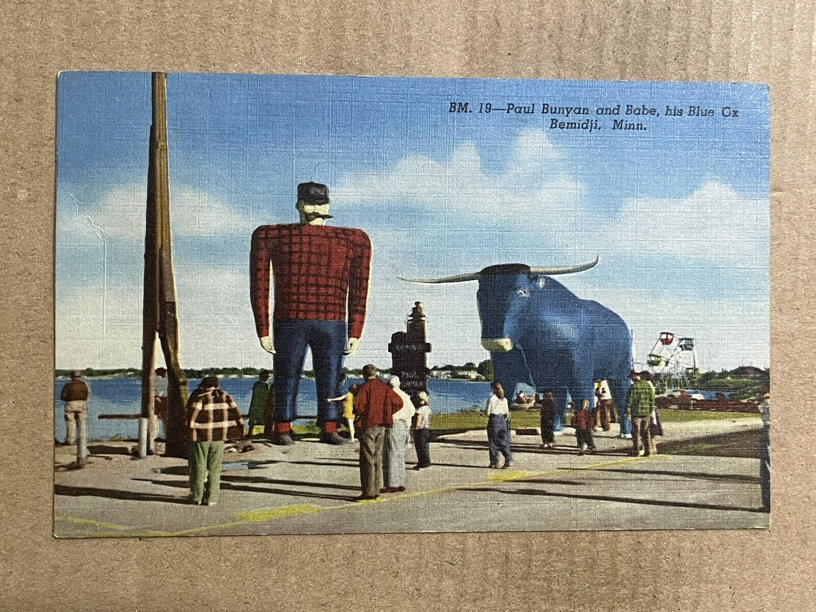 Postcard Bemidji MN Minnesota Paul Bunyan Babe Blue Ox Statues Vintage PC