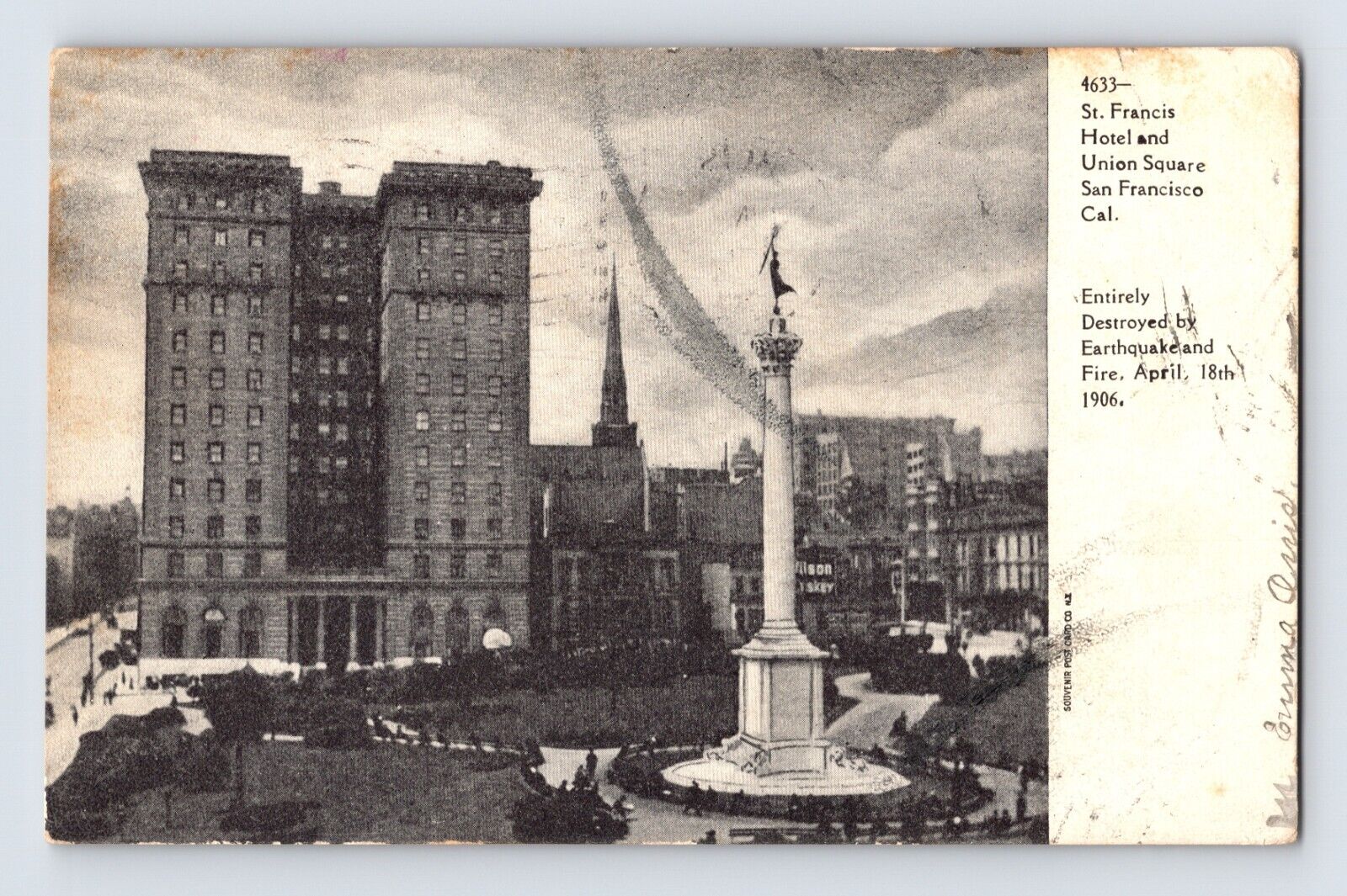 Postcard California San Francisco CA St Francis Hotel Earthquake 1907 Posted