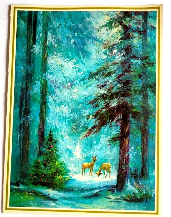 Vintage 1960s Deer In Forest By Decorated Tree Beautiful Blue Christmas Card