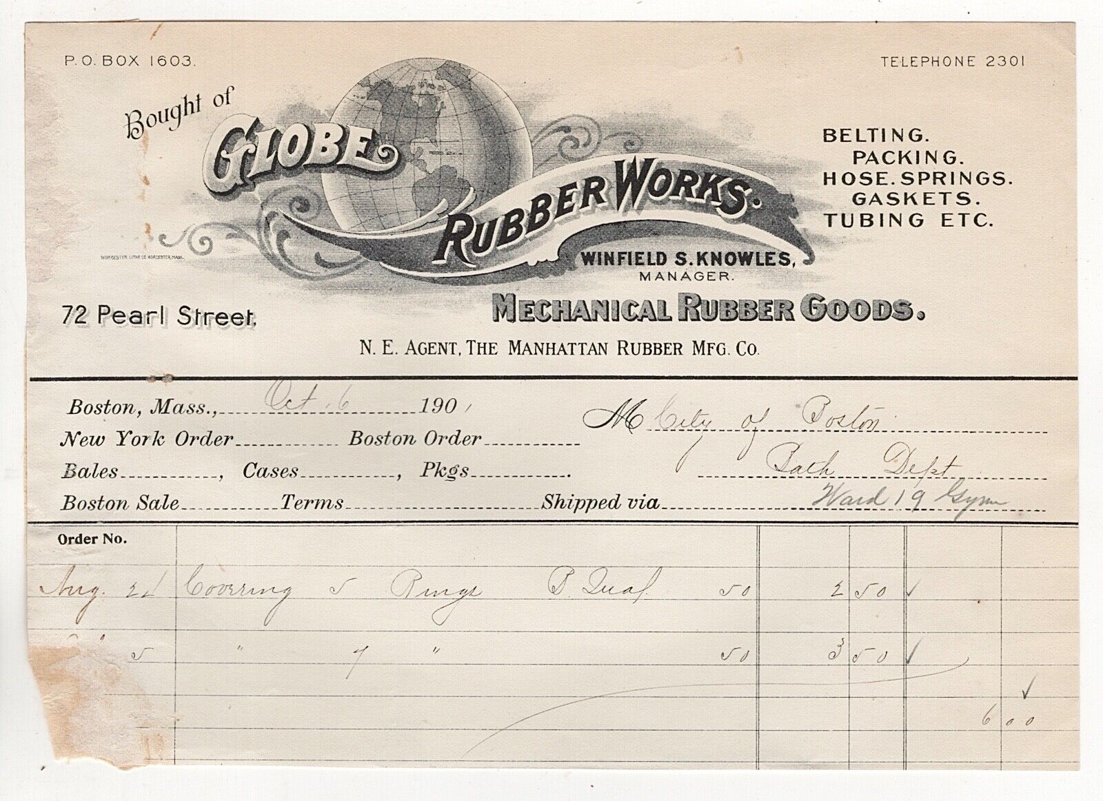 1901 GLOBE RUBBER WORKS BILLHEAD MANHATTAN RUBBER MFG CO PEARL ST NY KNOWLES