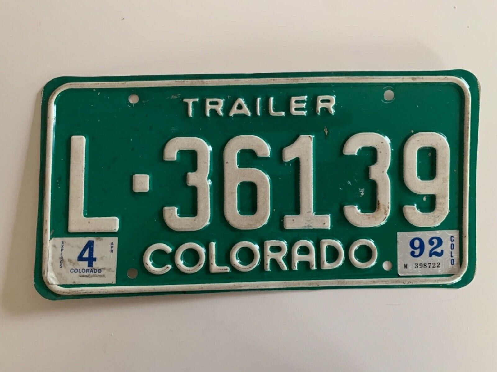 1992 Colorado Trailer License Plate with 1992 sticker. # L-36139