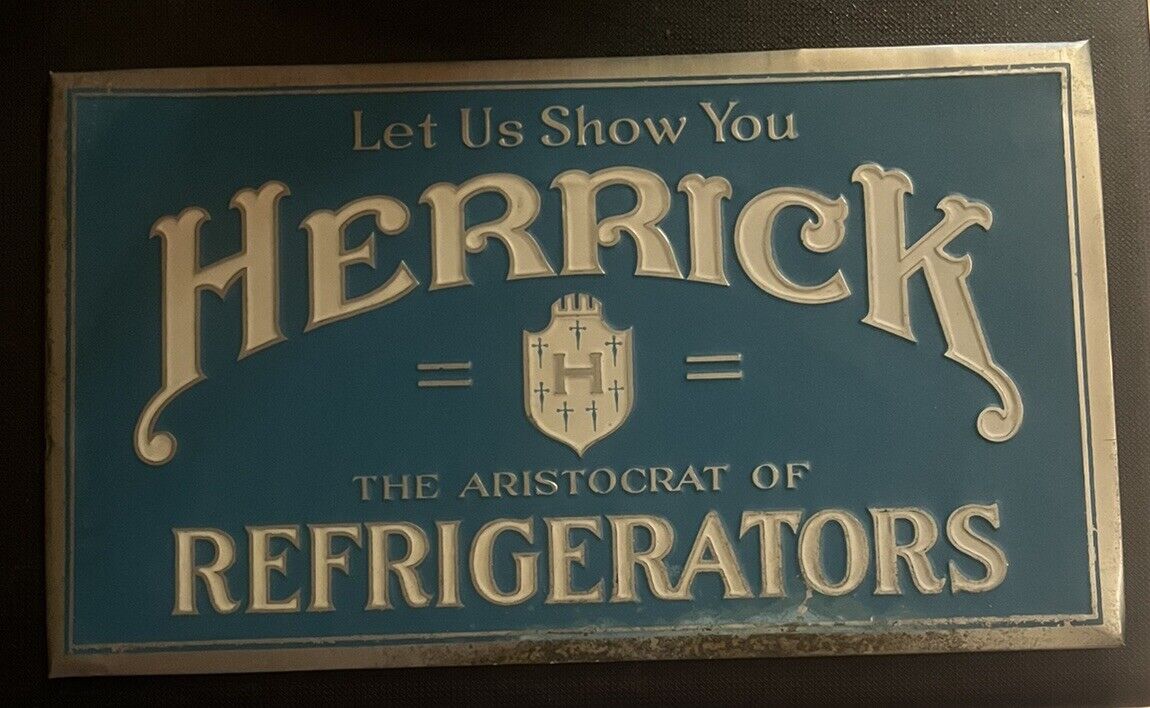 Vintage Herrick Refrigerators Tin Over Cardboard Sign 7” X 12” Waterloo Iowa