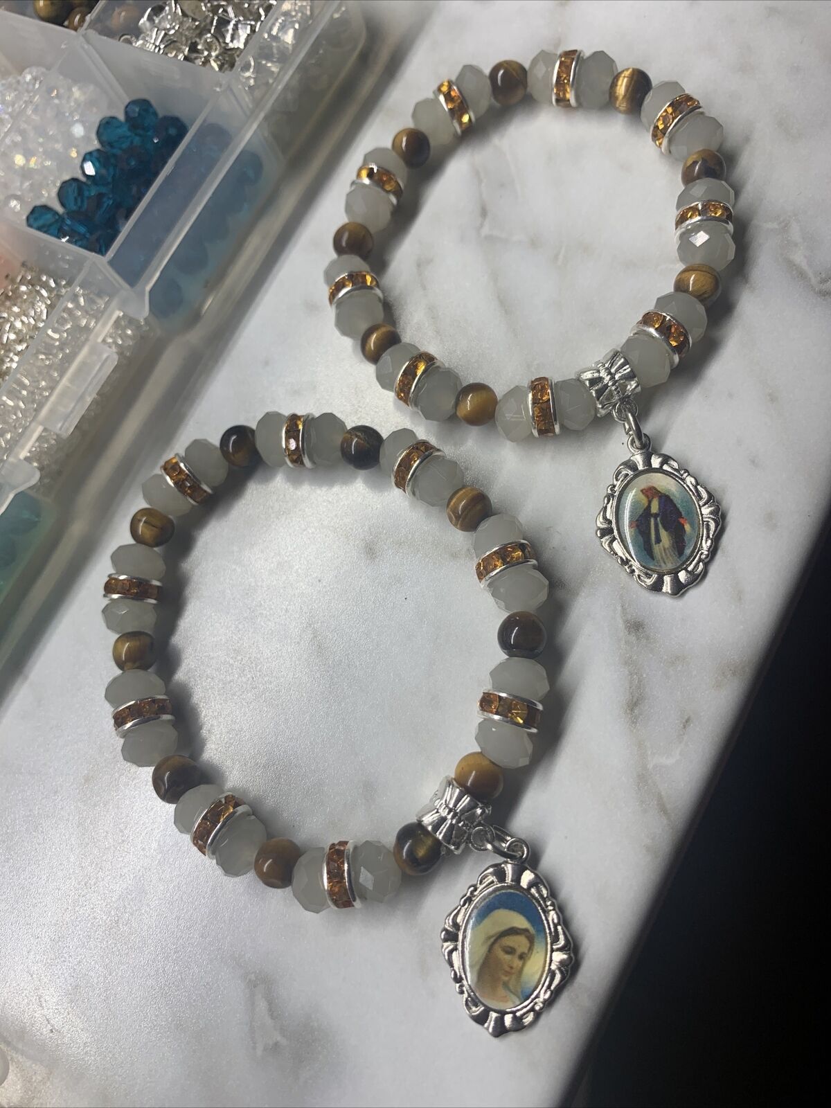 Elastic Rosary Beaded Glass Gray Catholic Cats Eye Bracelet 6-7in. Virgin Mary