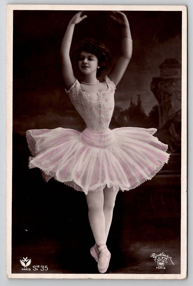 Beautiful Ballerina with Tiny Waist Pink and White RPPC 1908 Postcard E25