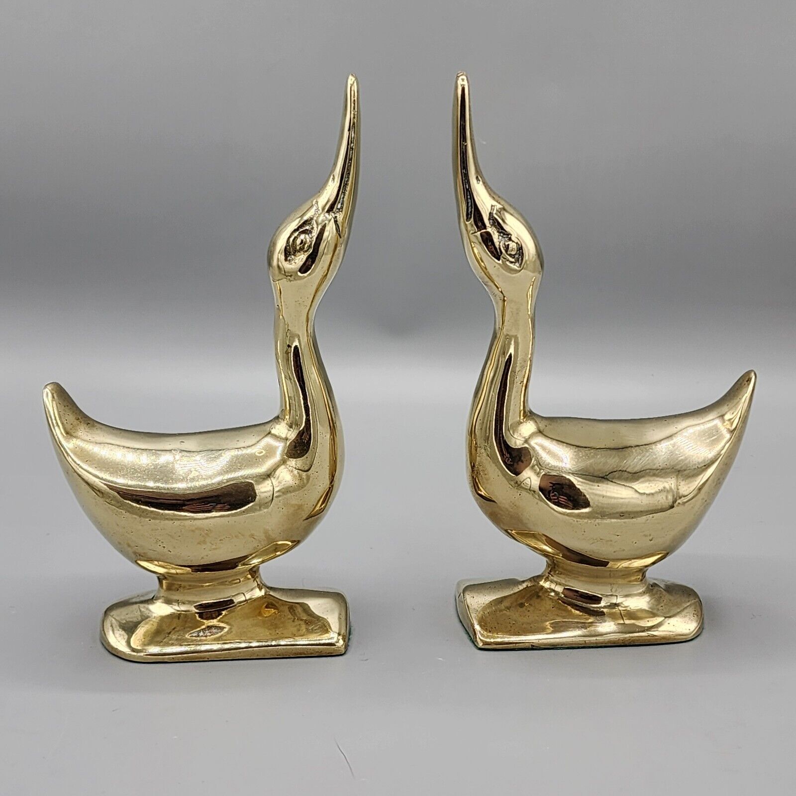 Set Of 2 MidCentury Modern MCM Solid Brass Duck Figurines Bookend Vtg Home Decor