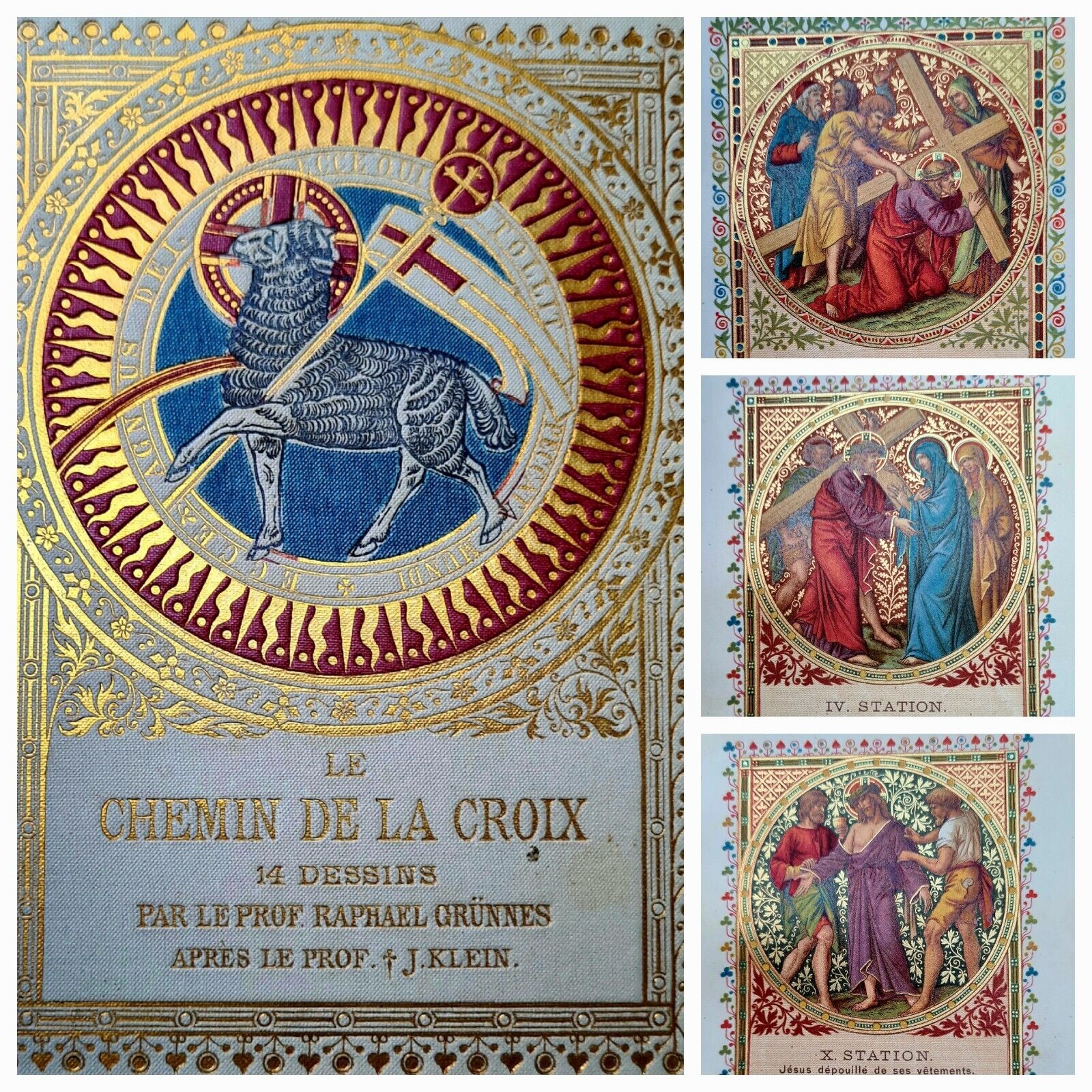 Rare book 1887 with 14 sublime gold-plated chromolithographs of the \'Via Crucis\'