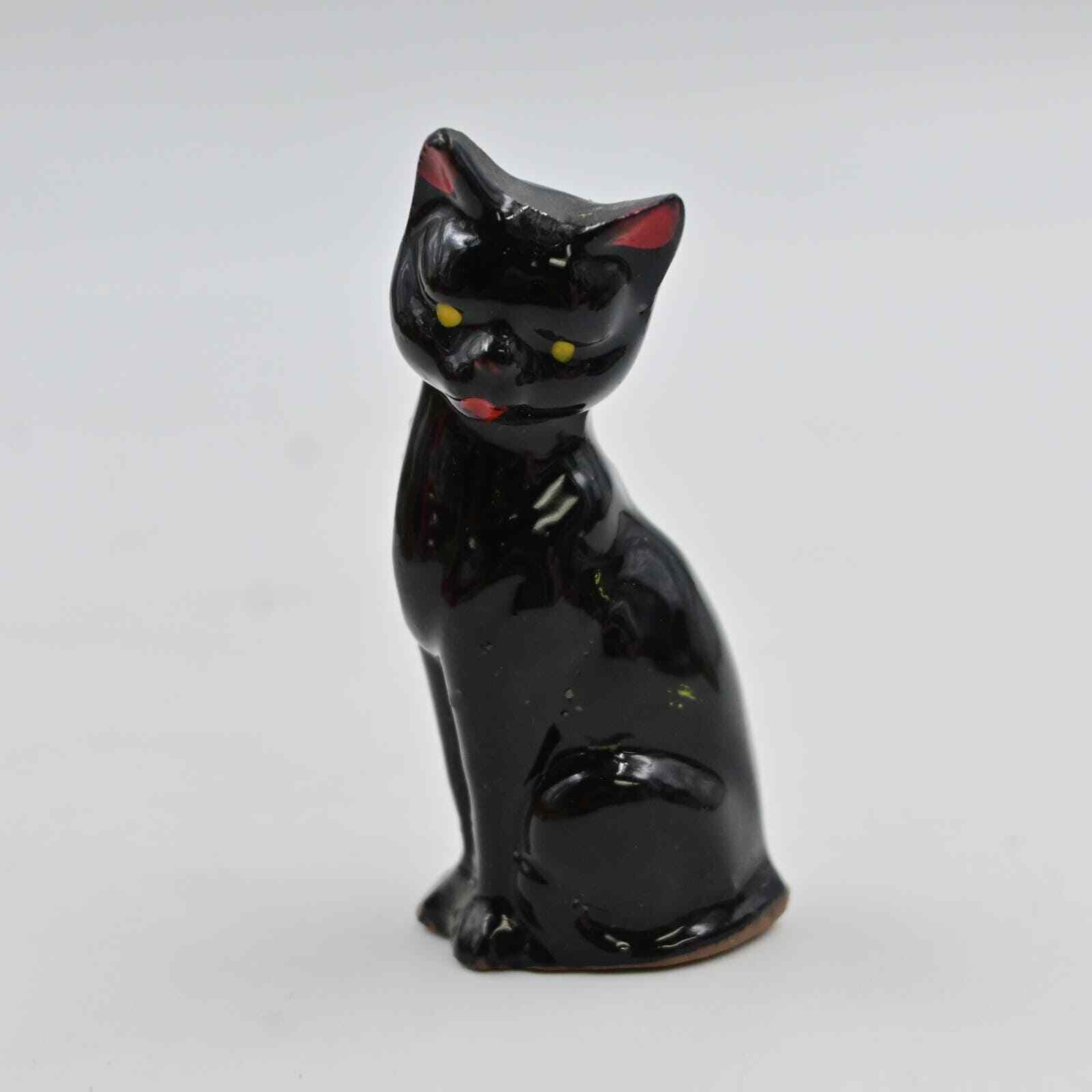 Vintage 1950s Redware Pottery Black Cat Figure