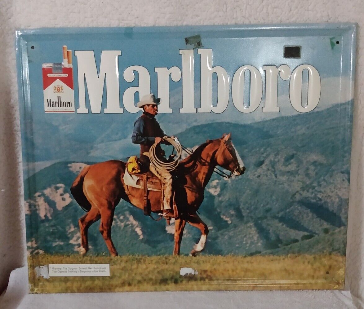 Vintage Marlboro Man Cigarettes Metal Tin Sign Cowboy