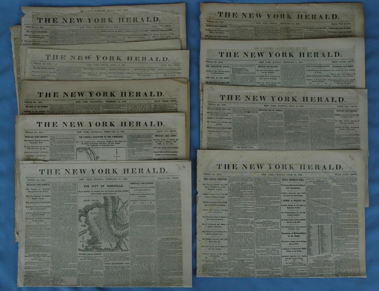9 Rare Original Complete Civil War New York Herald Newspapers - 1862-1863