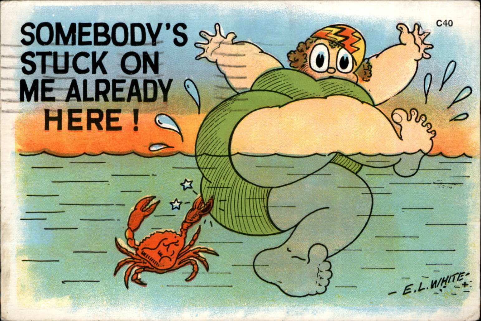Comic pun big woman pinched by crab Somebody\'s Stuck on Me  1936 artist EL White
