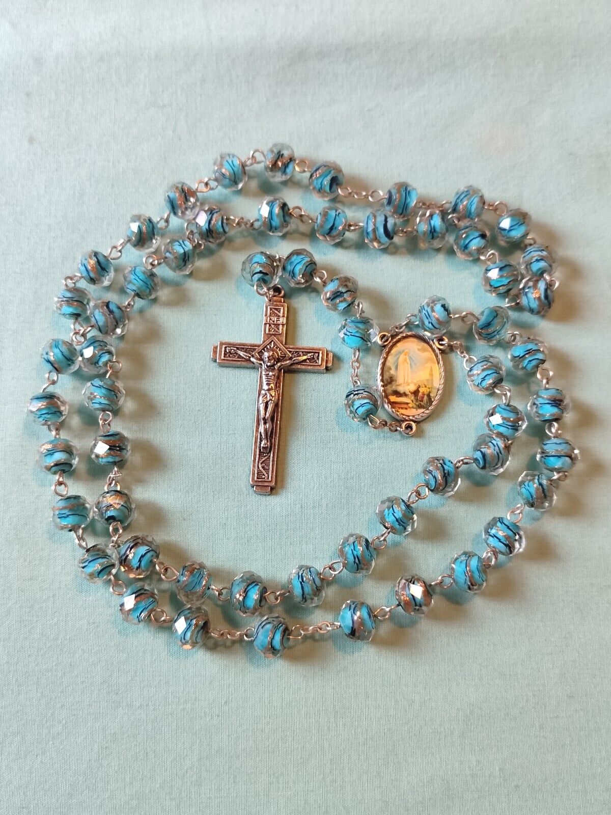 Vintage Blue Gold Swirl Faceted Art Glass Rosary Silver Plate Terra De Fatima 