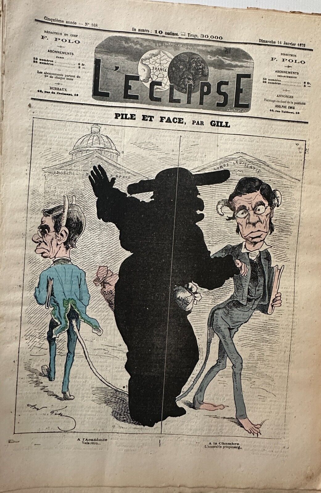 Journal L'Eclipse No 168 The 14/01/1872 Battery Or Face No Censorship By A. Gill