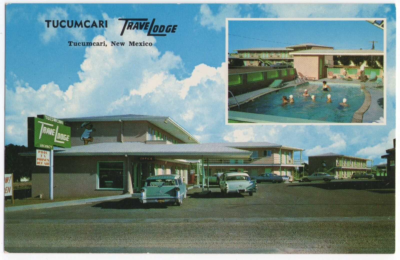 1950\'s Old Cars Tucumcari Travel Lodge Swimming Pool New Mexico Chrome Postcard