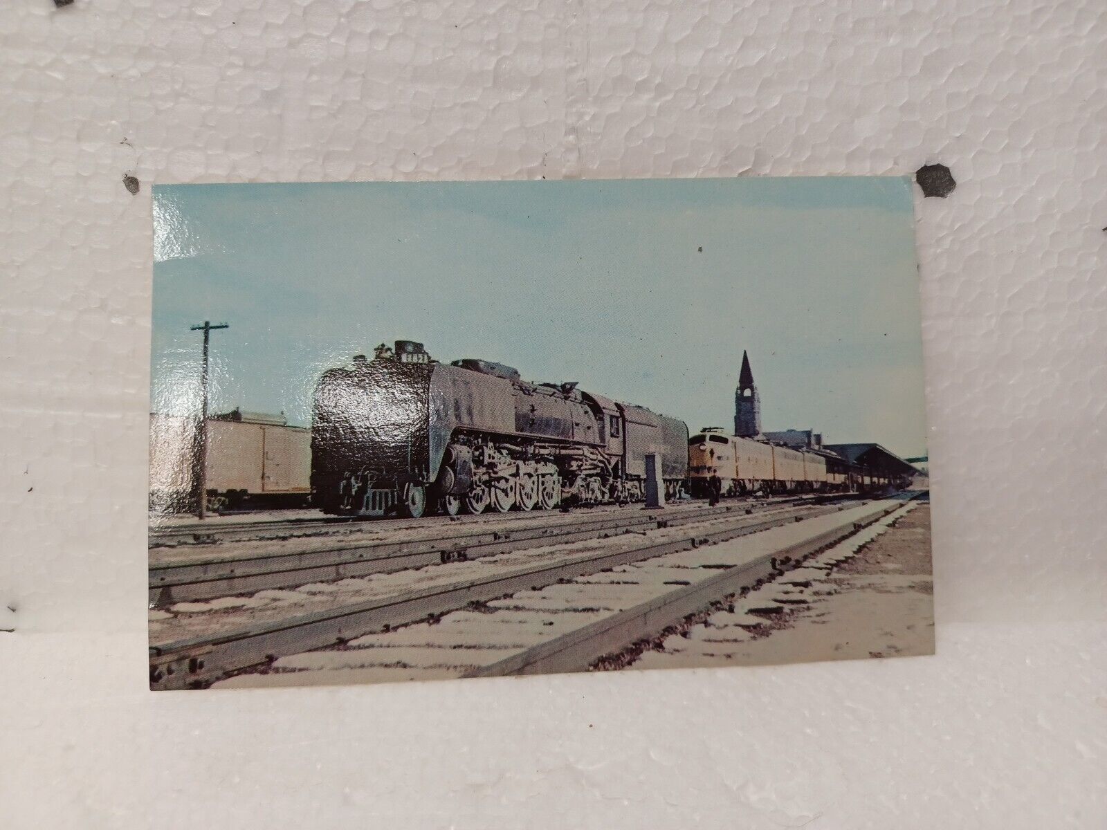 1956 Union Pac. No. 821 & Streamliner City of Los Angeles Postcard Cheyenne Wyo.