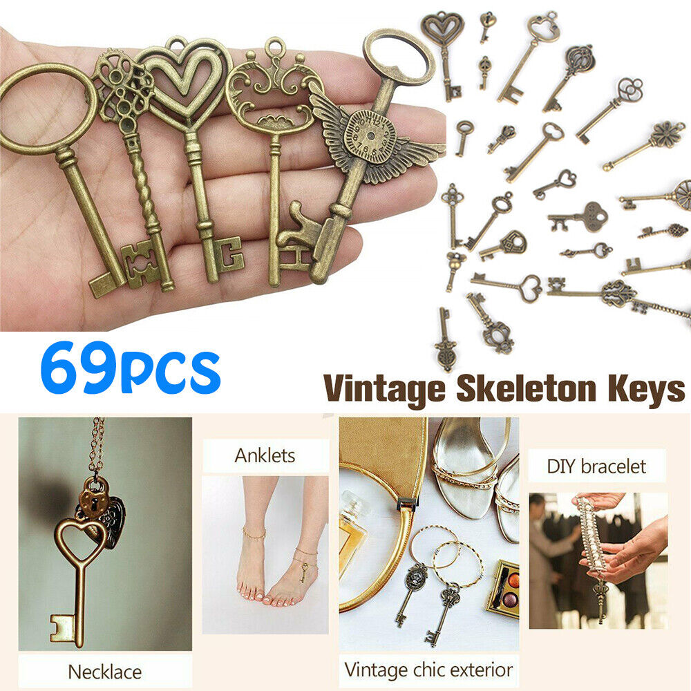 Lot Of 69 Vintage Style Antique Skeleton  Cabinet Old Lock Keys Jewelry Pendant