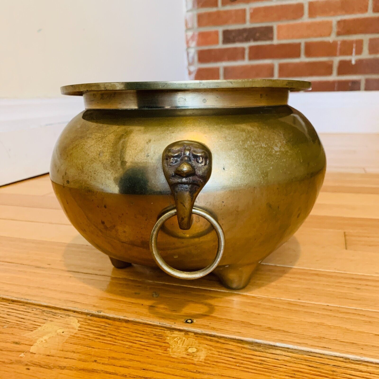 Antique Chinese Brass Cauldron Pot face rings handles Heavy 4.4 Lb.