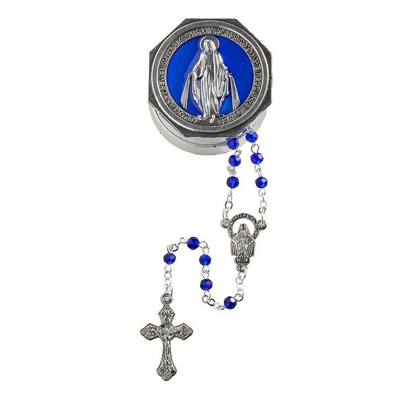 Miraculous Medal Rosary 4mm Faceted Sapphire Beads with Enameled Case 15\