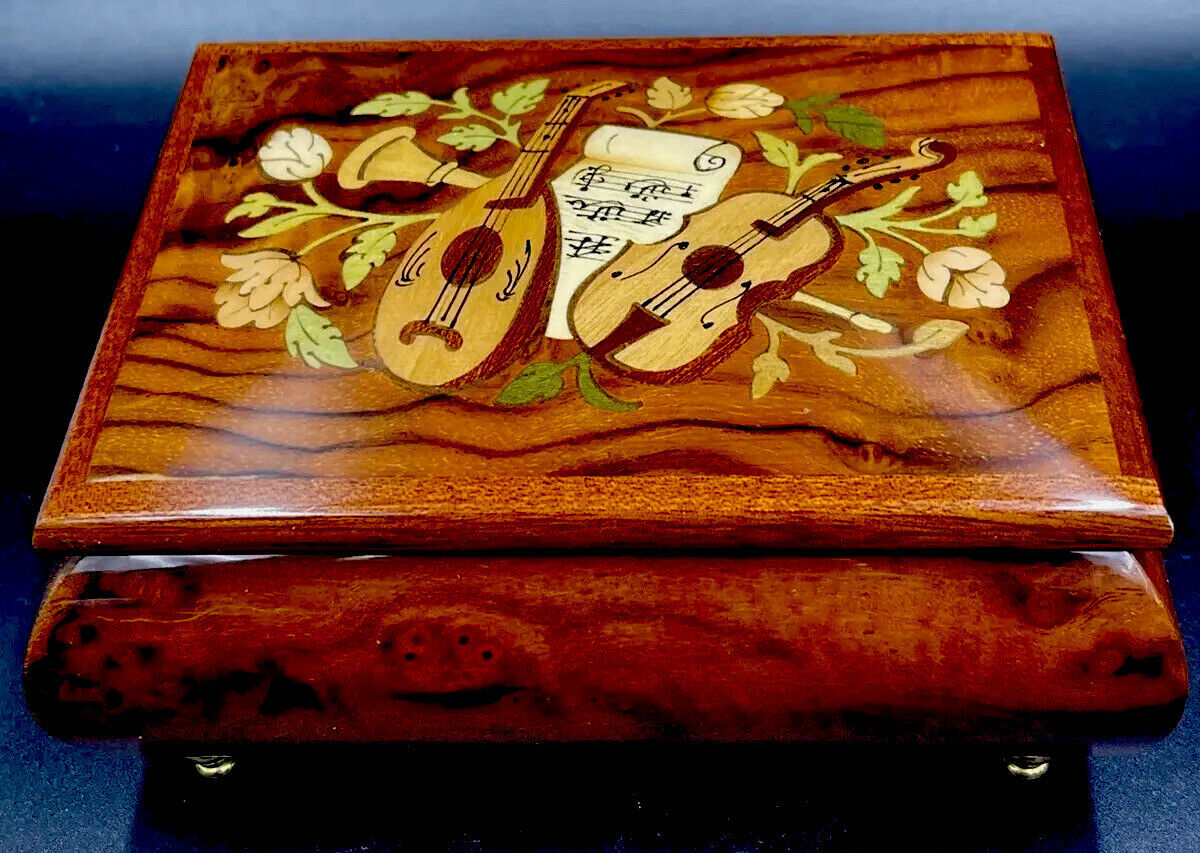 Ercolano Italian Wooden Inlay Music Jewelry Box  Memory  Signed & Papers 6 1/4 L
