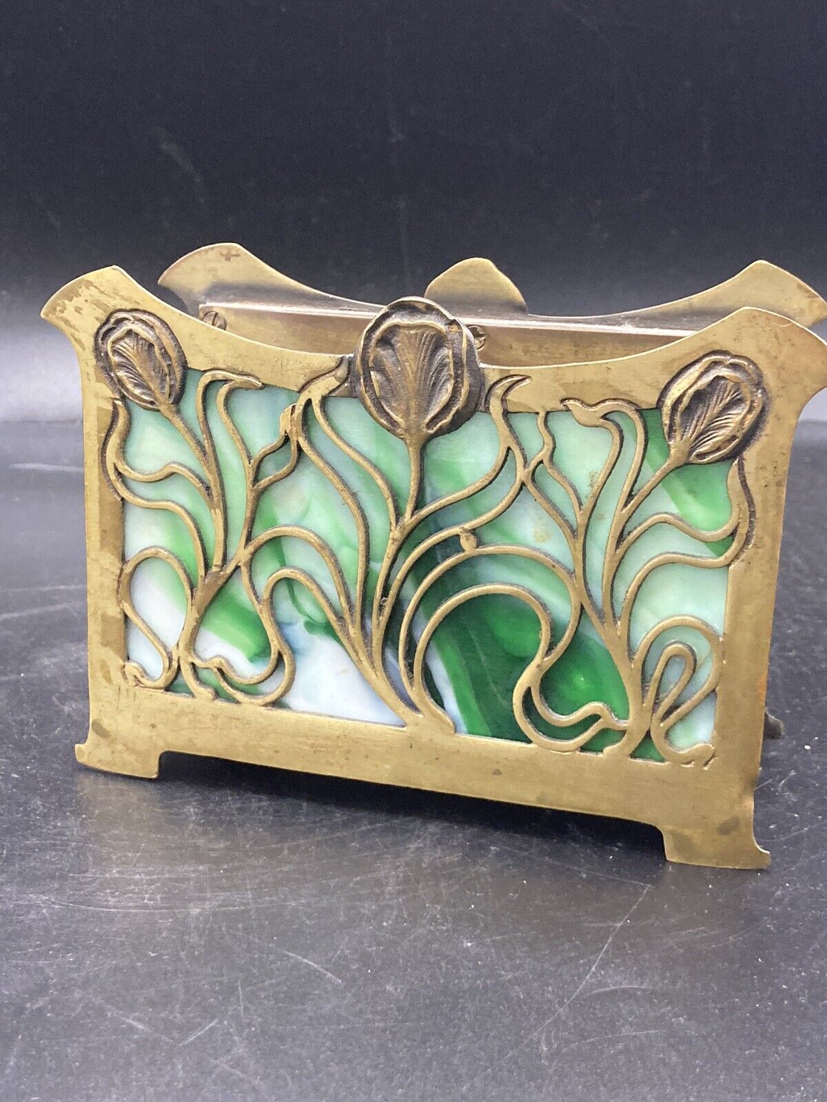 Rare Art Nouveau Slag Glass Brass Letter Holder Or Napkin Holder 1905