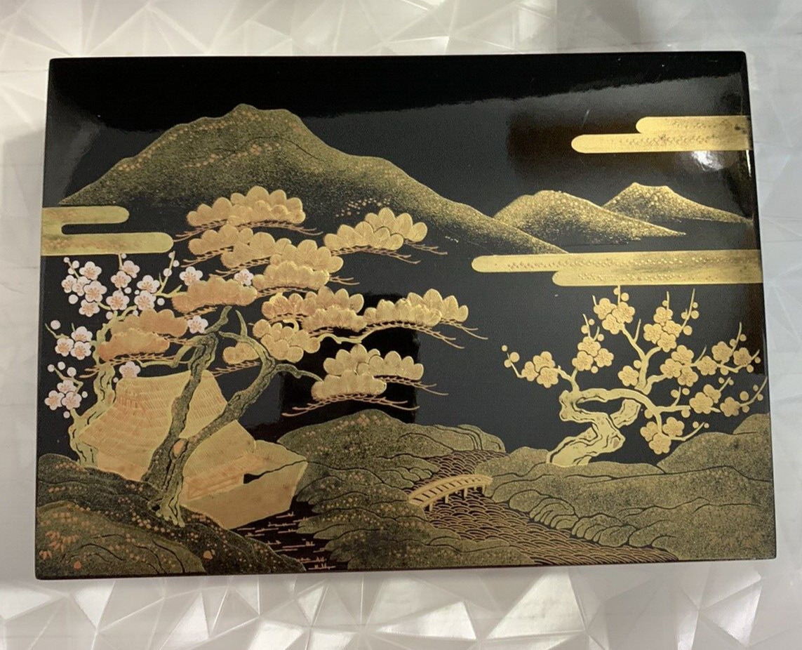 Vintage hand painted Japanese Black Lacquer writing box