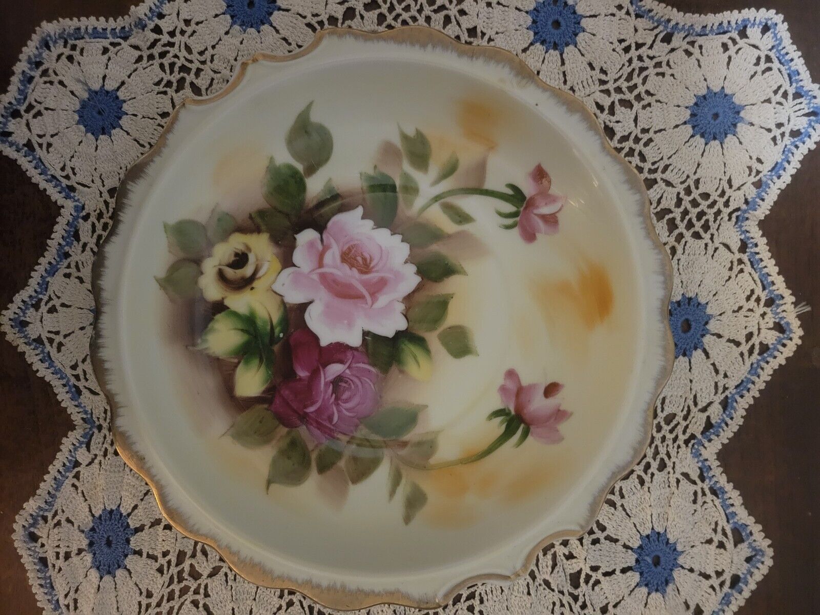 Vintage Enesco Pink Rose Bowl With Gold Trim