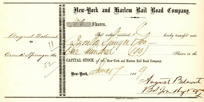 New-York and Harlem Rail Road Co. signed by August Belmont - Stock Certificate -