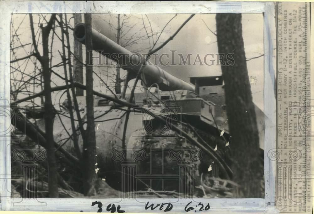 1943 Press Photo New Army M-12 Gun Plows through Dense Thicket on Tank Chassis