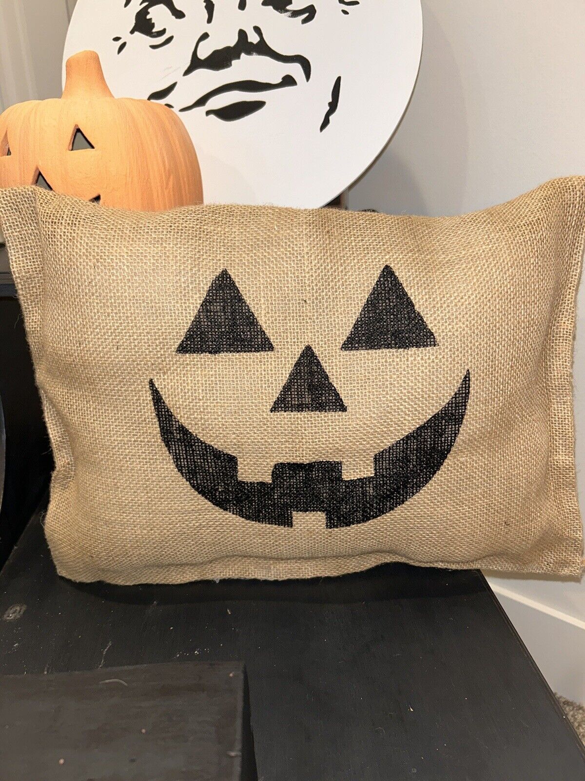 Hand-Made and Hand-Painted Jack-O-Lantern Burlap Pillow