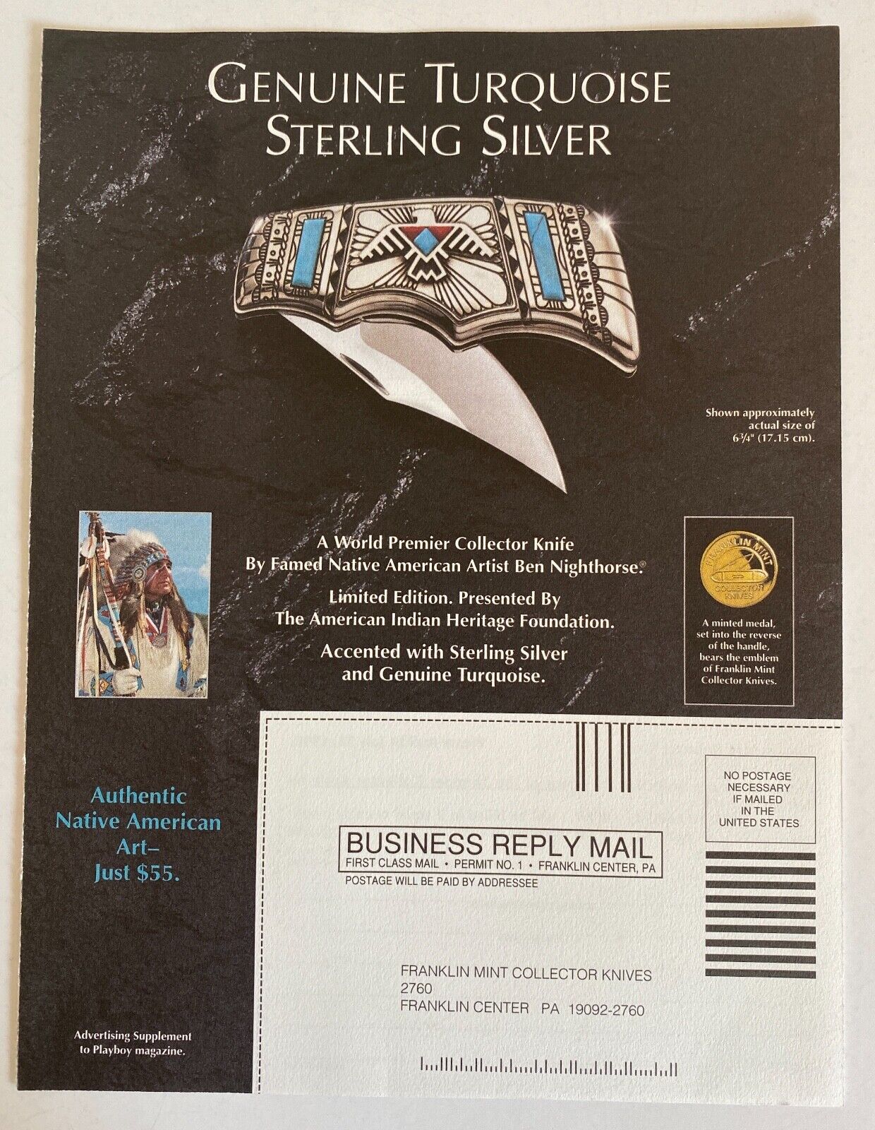 1998 Spirit Of The Thunder Collector Knife Franklin Mint Print Ad Mail Card 