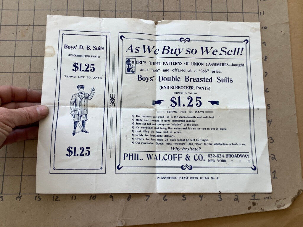 original 1910s single sided ad sheet: Phil Walcoff & co. NY, -- Boys db suits