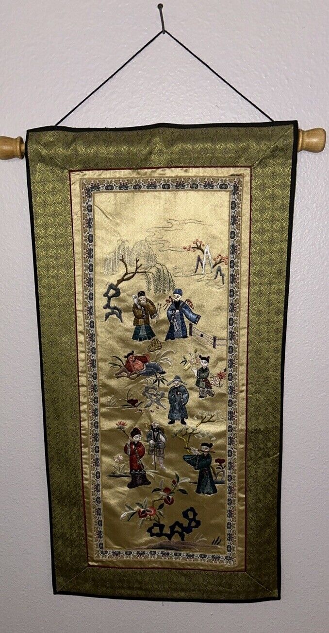 Vintage Hand Embroidery Chinese Wall Hanging on Silk with Seven Men 25”by 12”