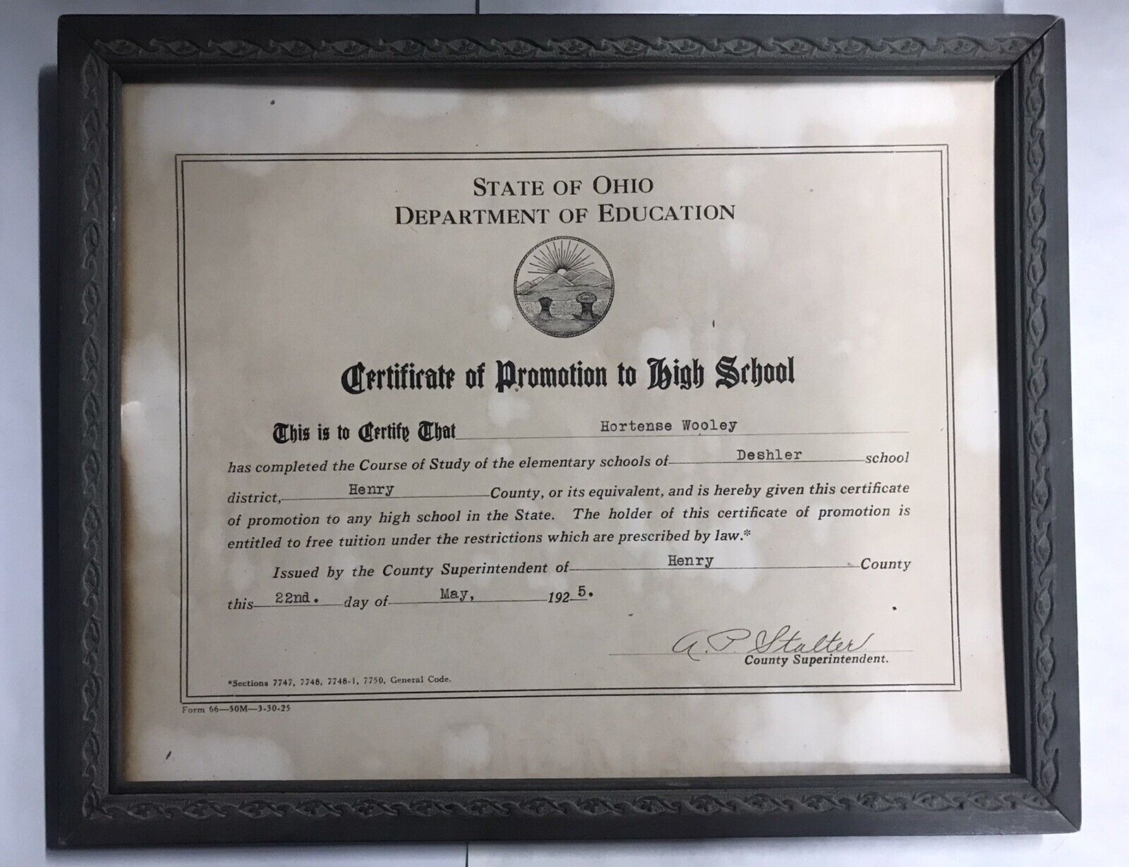 Vtg Antique 1925 School Diploma Deshler Ohio Henry County Elementary Ephemera