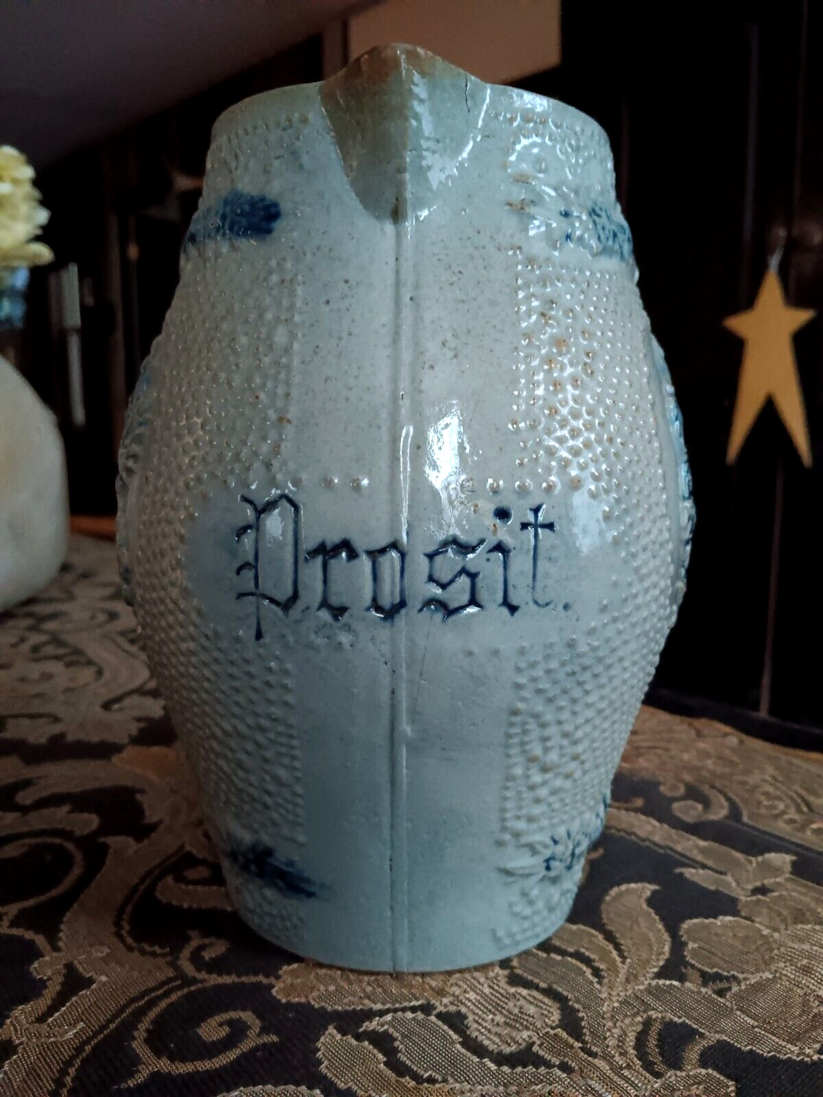 Antq Whites Utica PROSIT (Cheers) Salt Glazed Stoneware Beer Pitcher Circa 1905