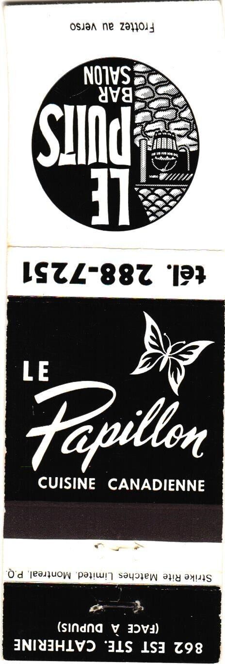 Le Papillon Canadian Cuisine, Restaurant, Bar Lounge Vintage Matchbook Cover