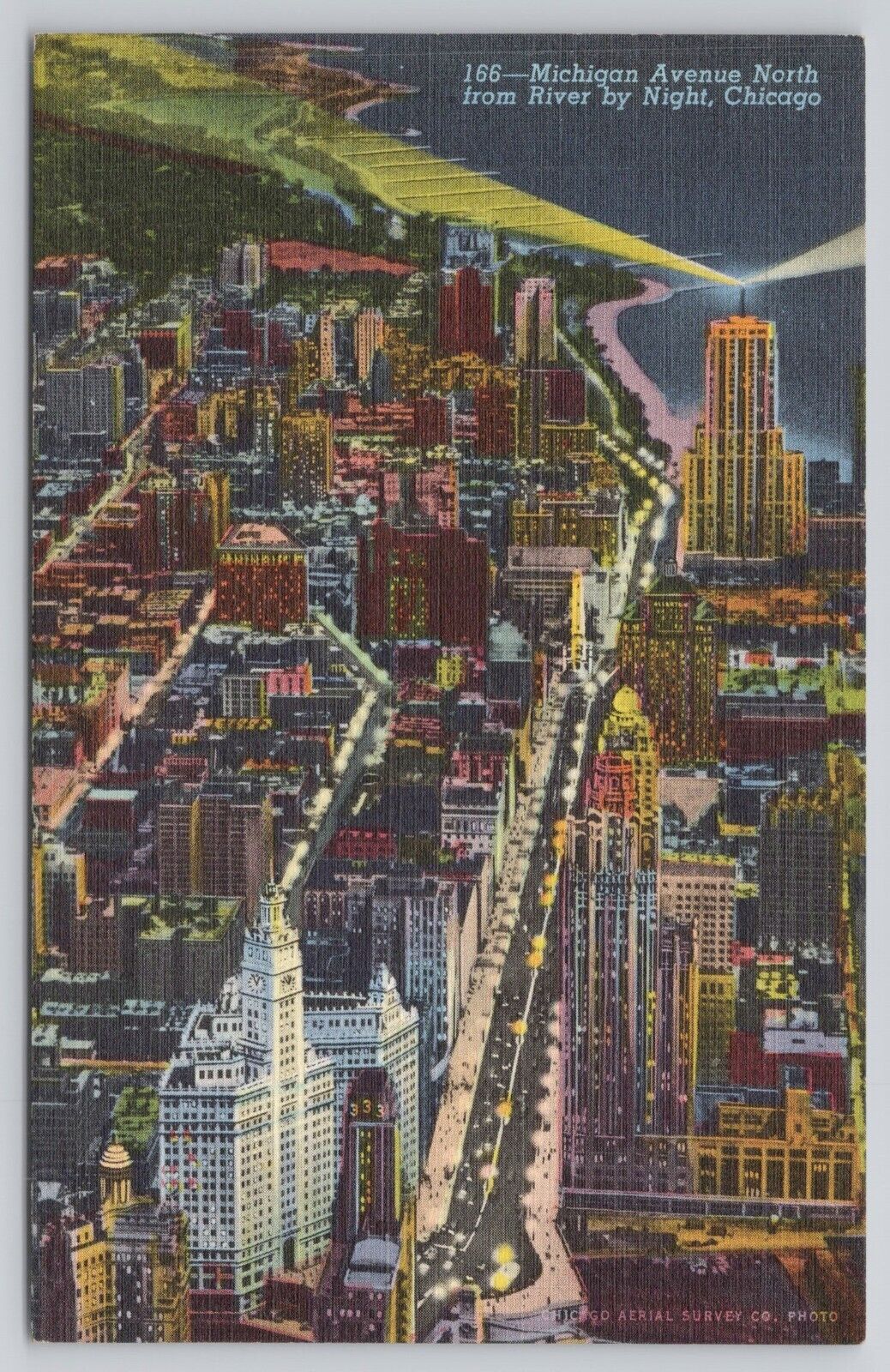 Chicago Illinois IL, Aerial View of Michigan Ave at Night 1942 Linen Postcard