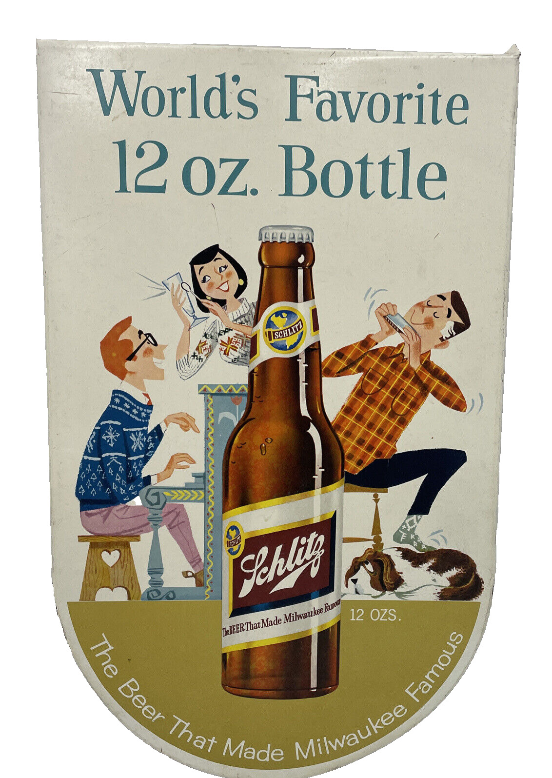 1958 Tin Schlitz Sign W/Beer Bottle - World’s Favorite 12 Oz Bottle Milwaukee