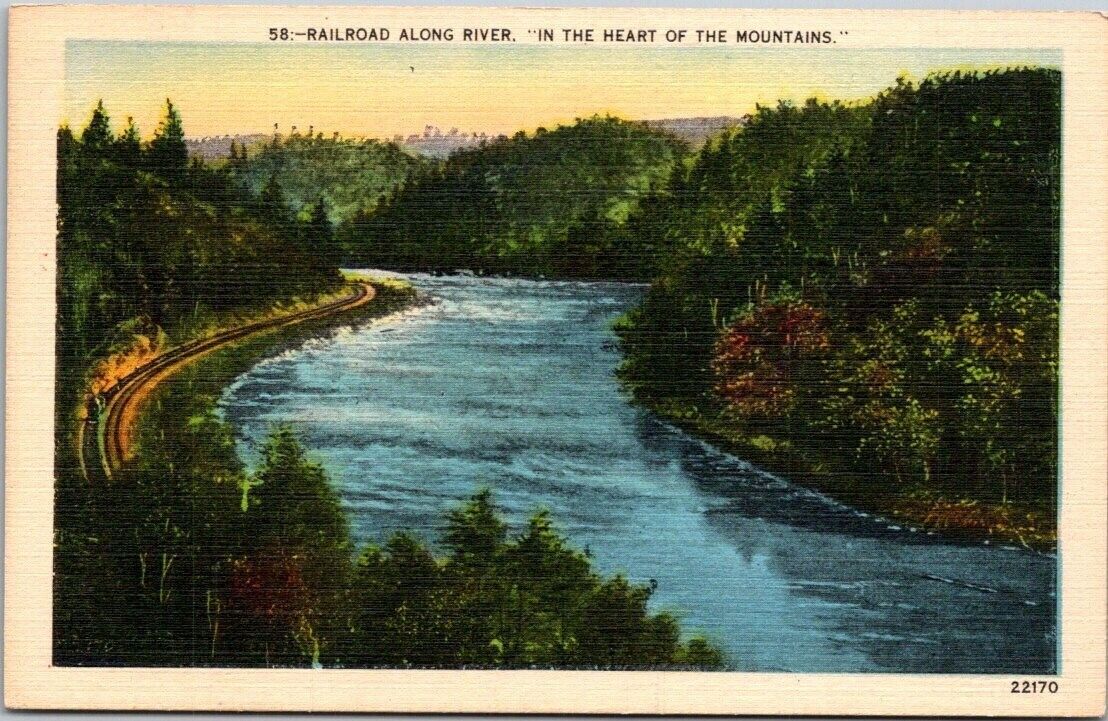 Railroad along River in Mountains 1944 Mt. Airy NC Vintage Linen Postcard B5
