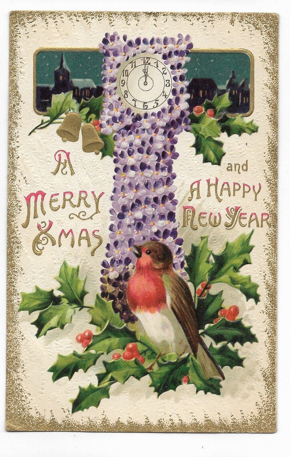 1911 Christmas & New Year PC-Robin, Holly & Grandfather Clock of RARE SANTA POST