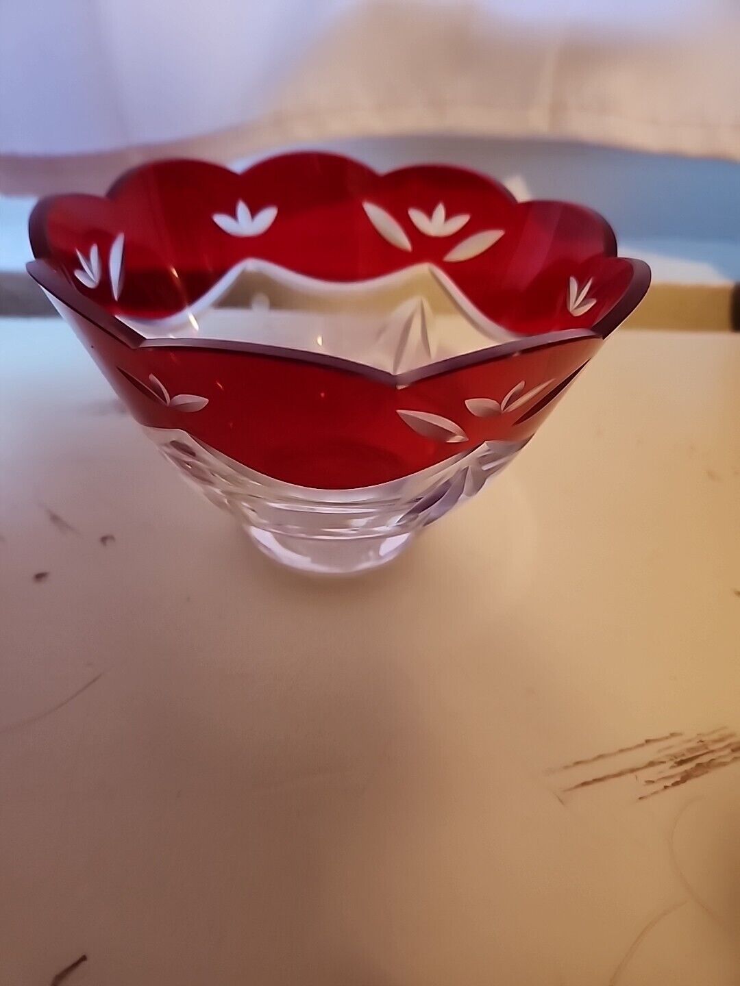 Vintage Lenox Hand Painted GlassBowl Red, Clear Glass Etched withBOX