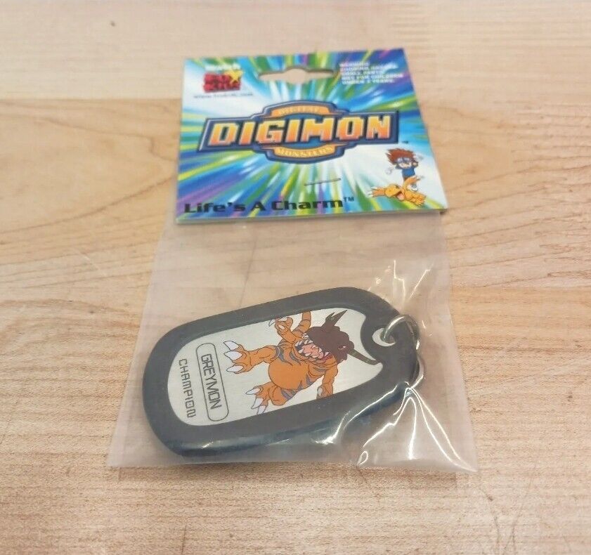 Digimon Greymon Lifes a Charm Keychain Dog Tag Clip Vintage Sealed 2000 VTG