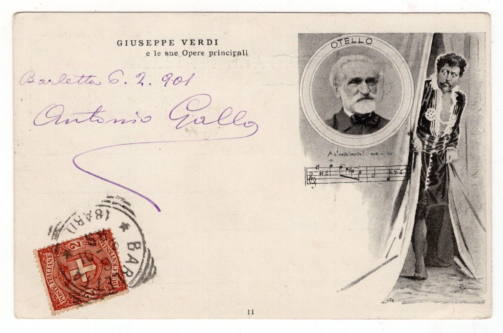 GIUSEPPE VERDI POSTCARD POSTALLY USED FEBRUARY 6th 1901 TEN DAYS AFTER HIS DEATH