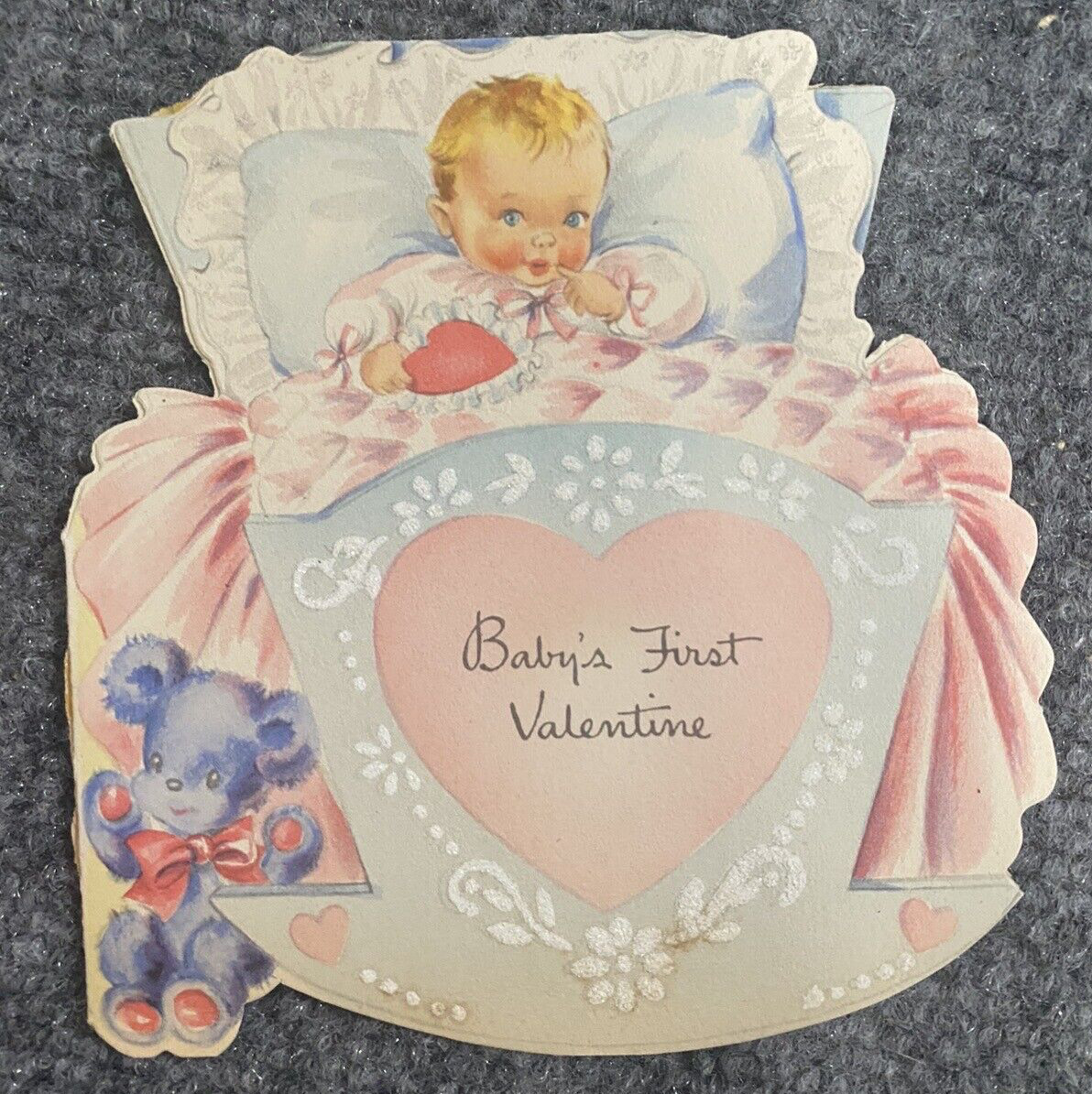 Vintage Valentines Card Baby First Cradle Glitter Darling Sweet Hallmark 1946