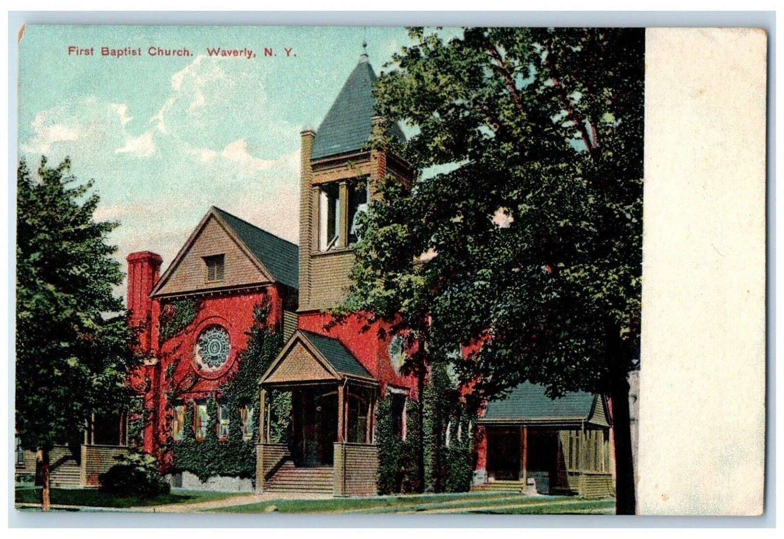 c1910 First Baptist Church Building Exterior Waverly New York  Vintage Postcard