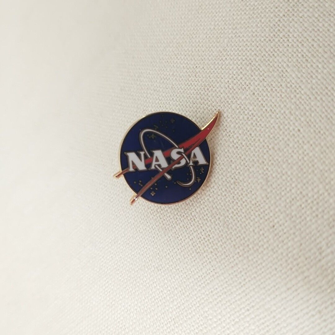 NASA Vector Logo Space Program Lapel Pin Blue Gold Tone Rim Spell Out Metal 