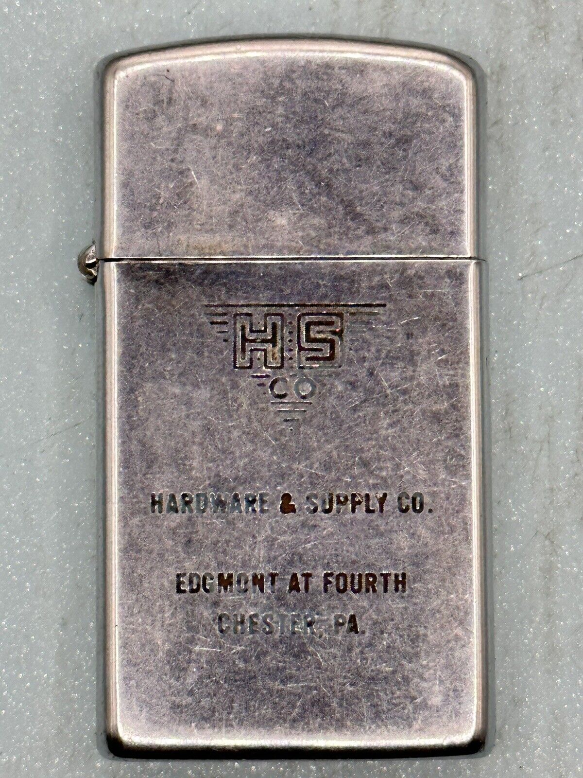 Vintage 1958 HS Co Hardware Supply Co Advertising Chrome Slim Zippo Lighter