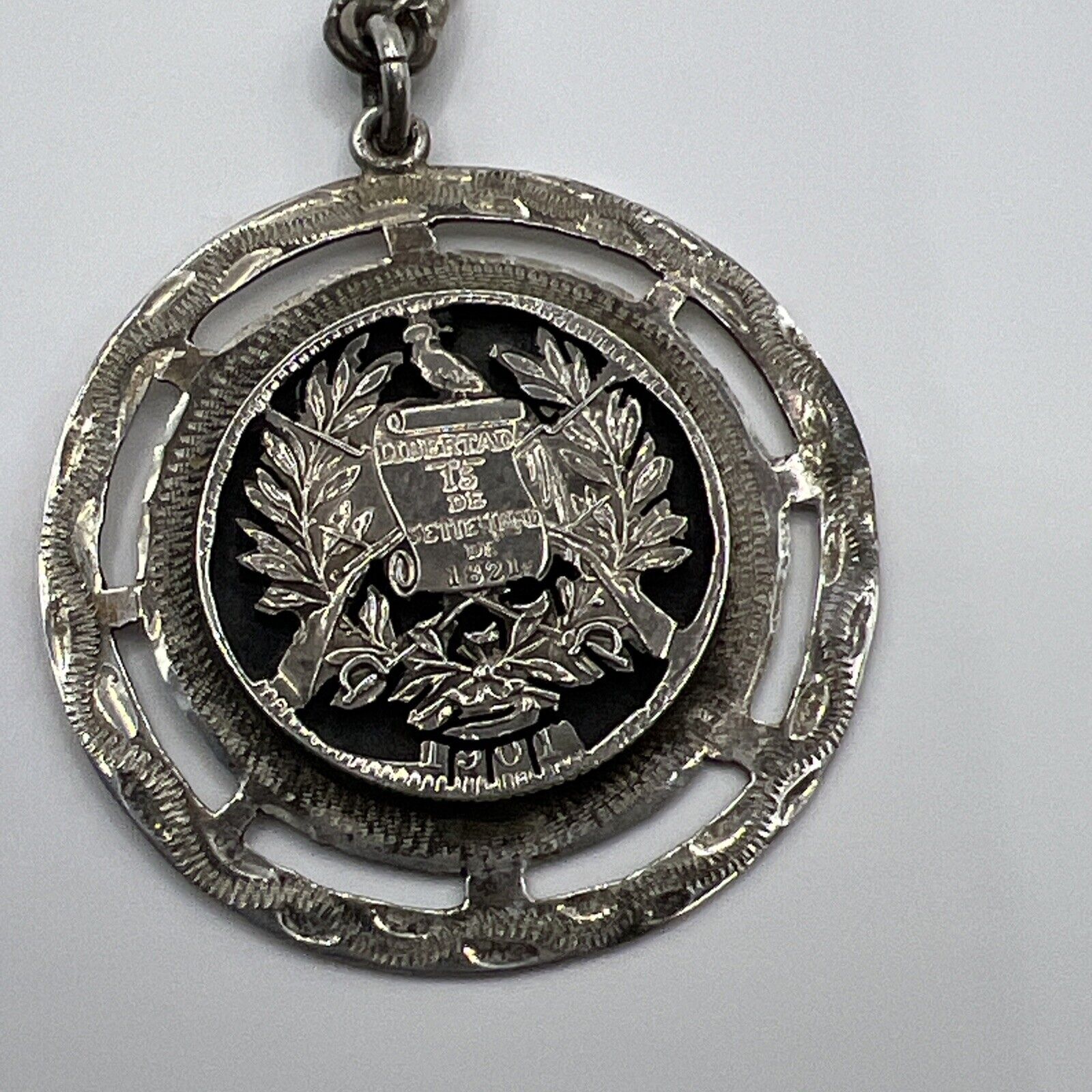 Vintage Guatemalan Quetzal 900 Silver Keychain Sept 15 1821 1901 Coin Cut Out