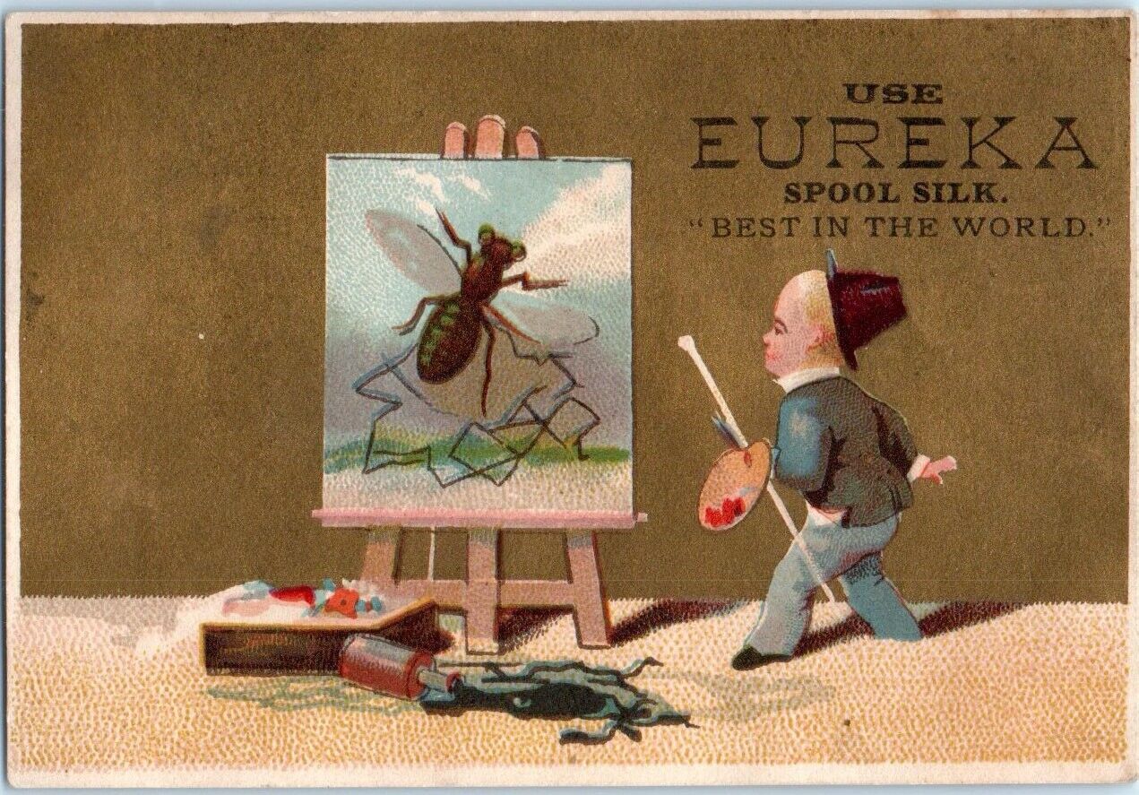 Eureka Spool Silk Mfg Co Boy Painting Fly Victorian Ad Trade Card